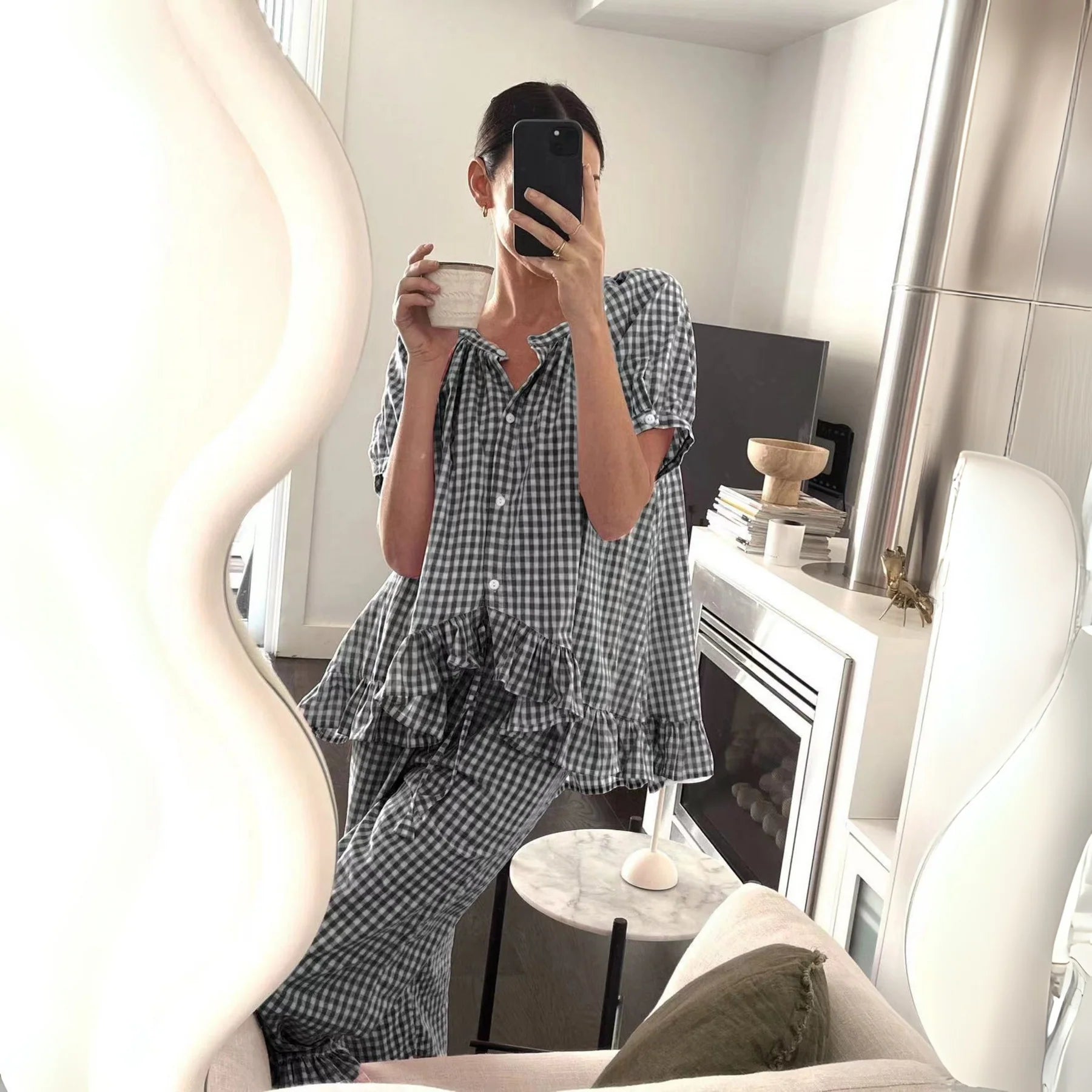 Diane - Casual Plaid Puff Sleeve Top and Pants Set