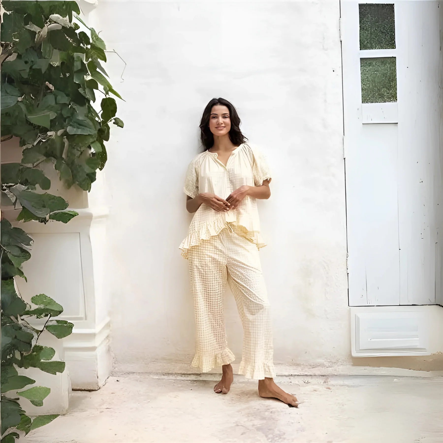 Diane - Casual Plaid Puff Sleeve Top and Pants Set