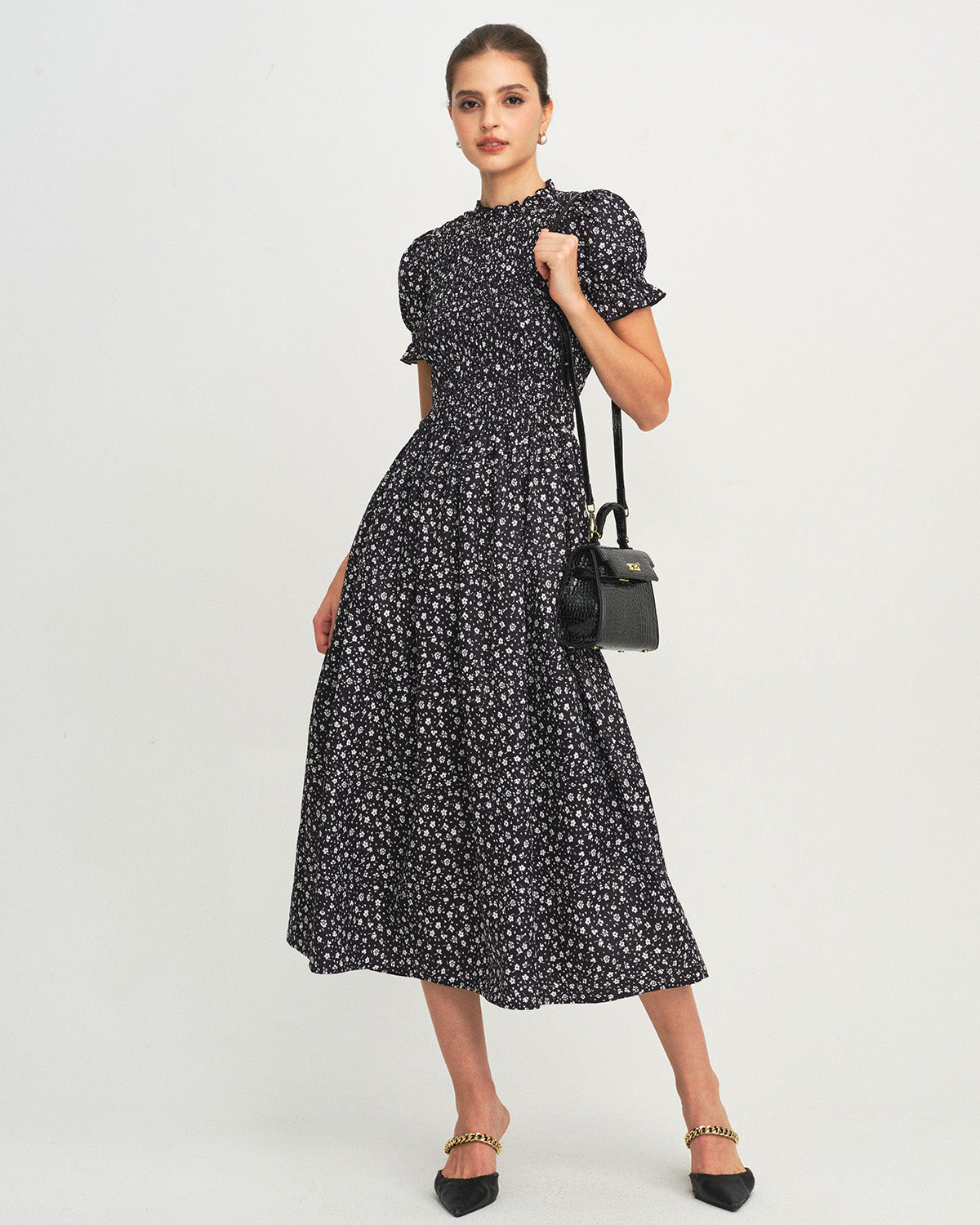 Amelie - Black Floral Shirred A-Line Midi Dress