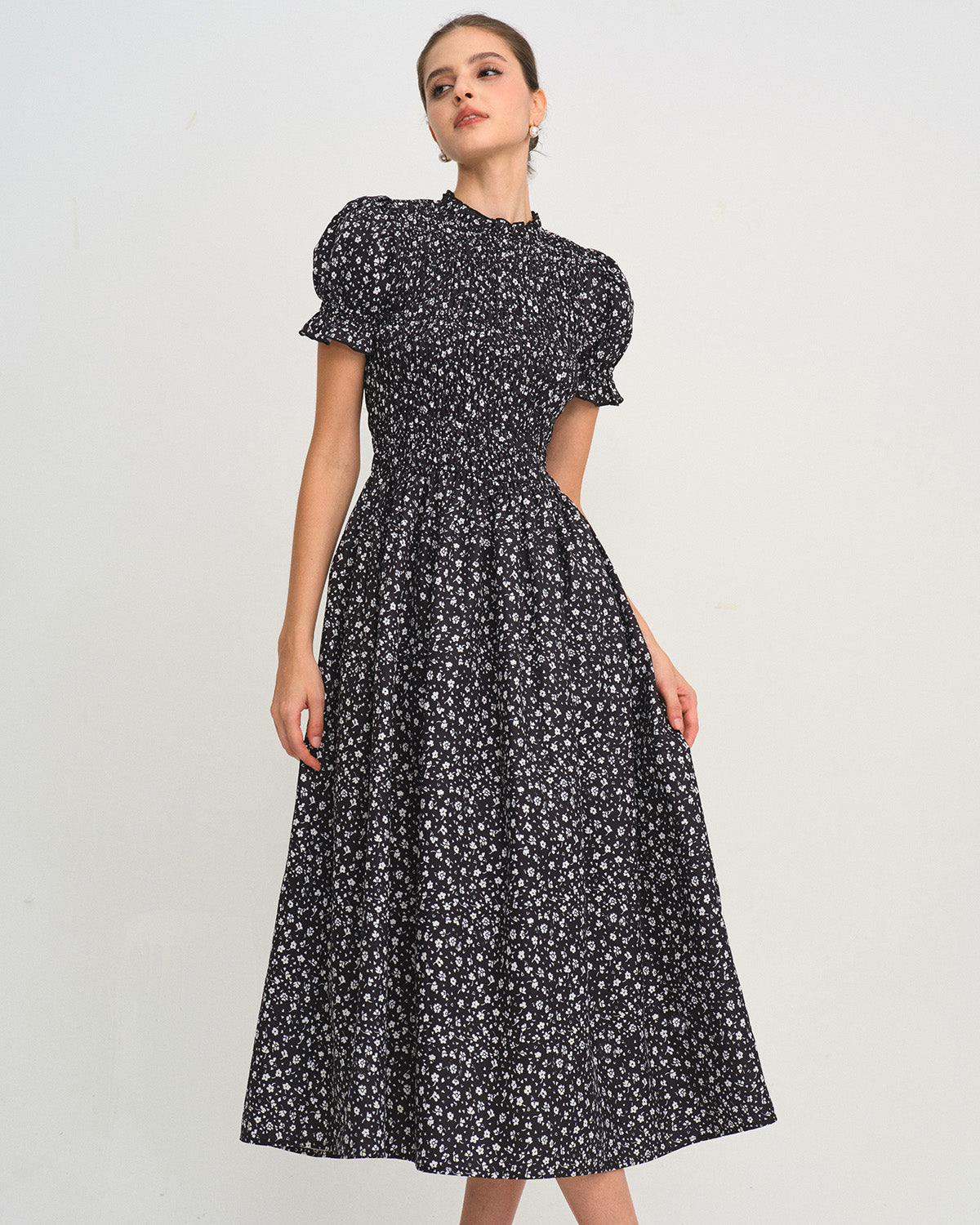 Amelie - Black Floral Shirred A-Line Midi Dress