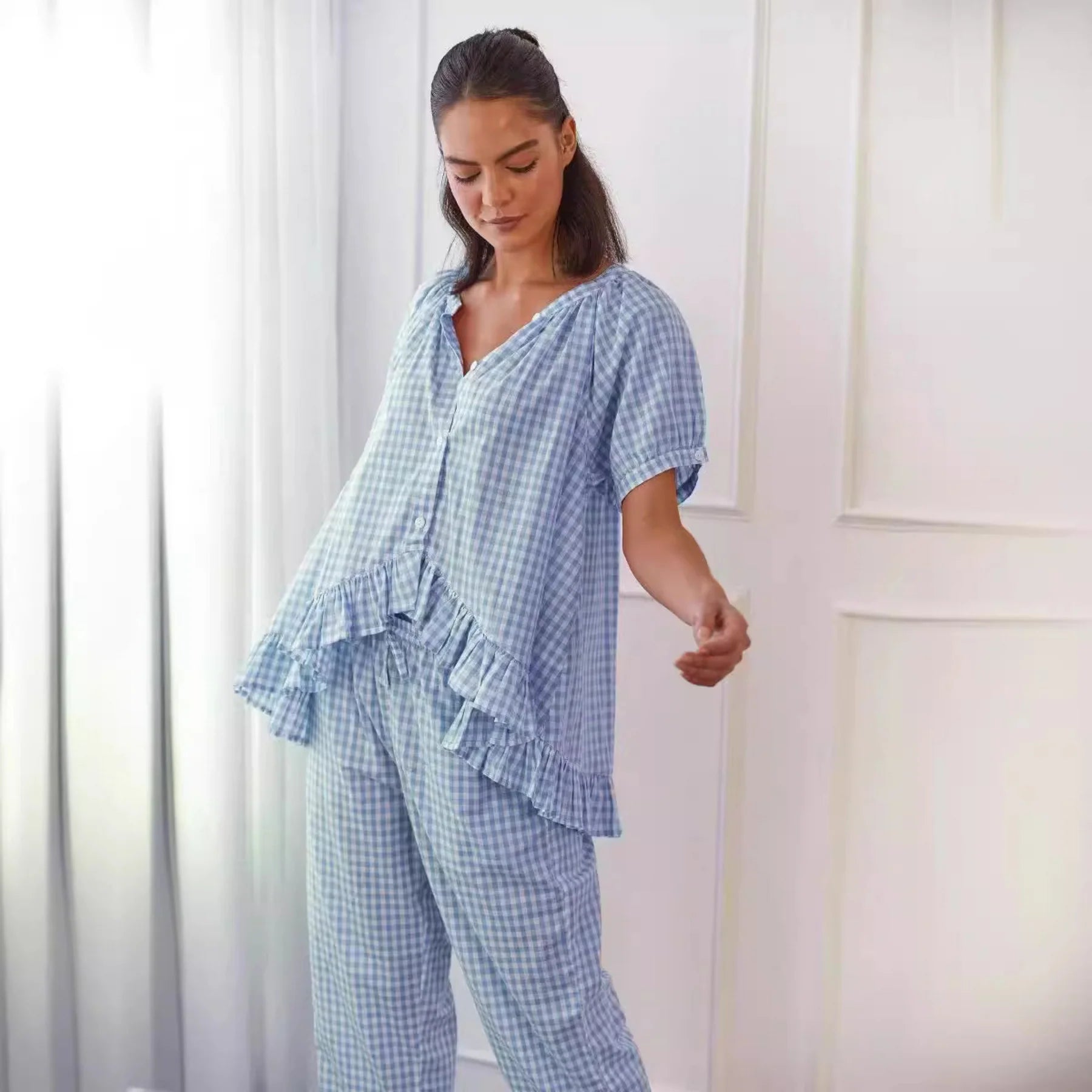 Diane - Casual Plaid Puff Sleeve Top and Pants Set