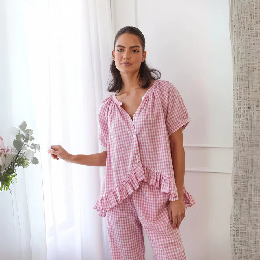 Diane - Casual Plaid Puff Sleeve Top and Pants Set