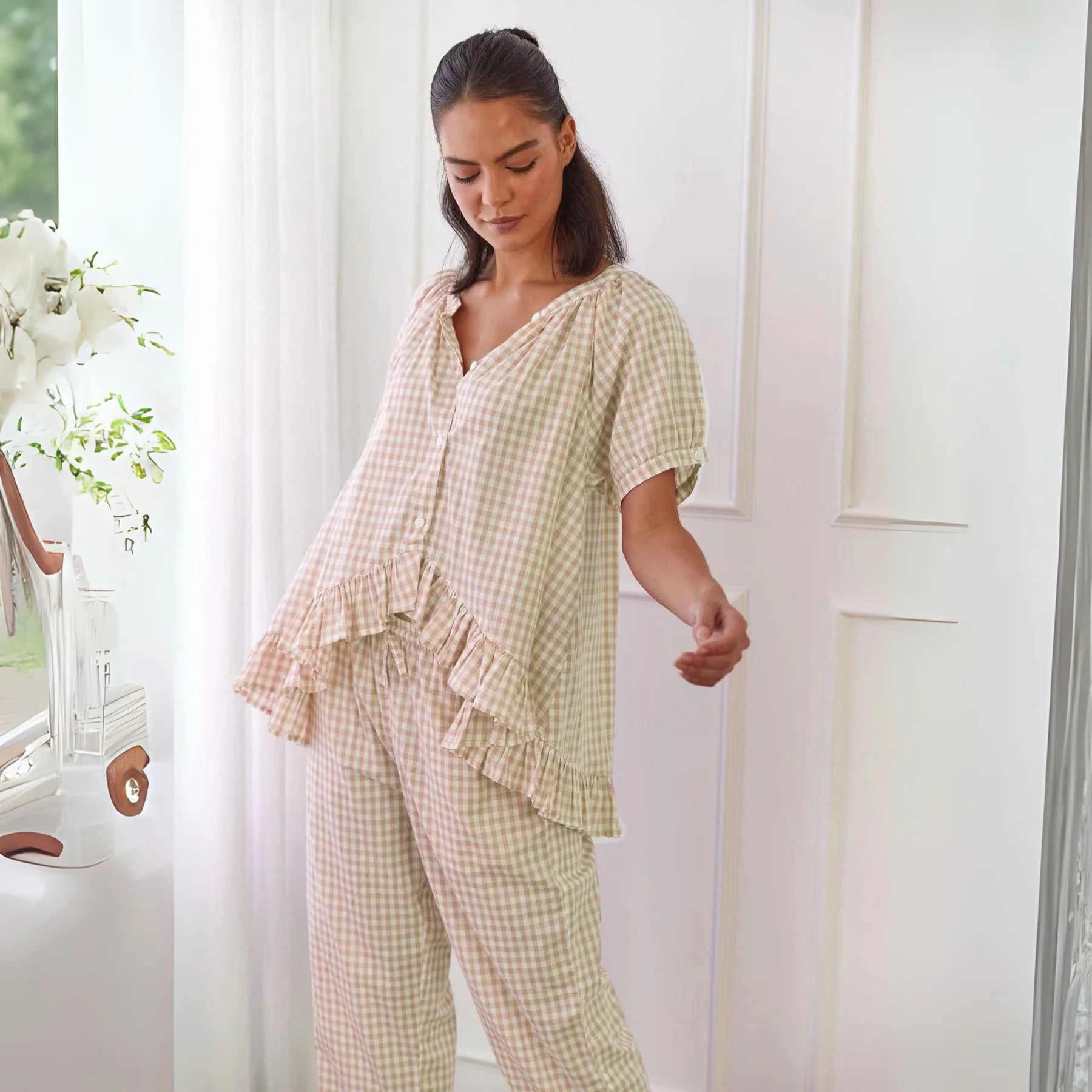 Diane - Casual Plaid Puff Sleeve Top and Pants Set