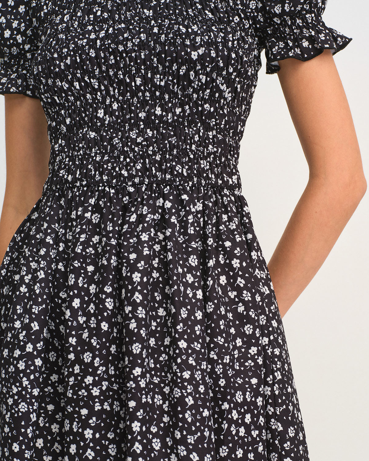 Amelie - Black Floral Shirred A-Line Midi Dress