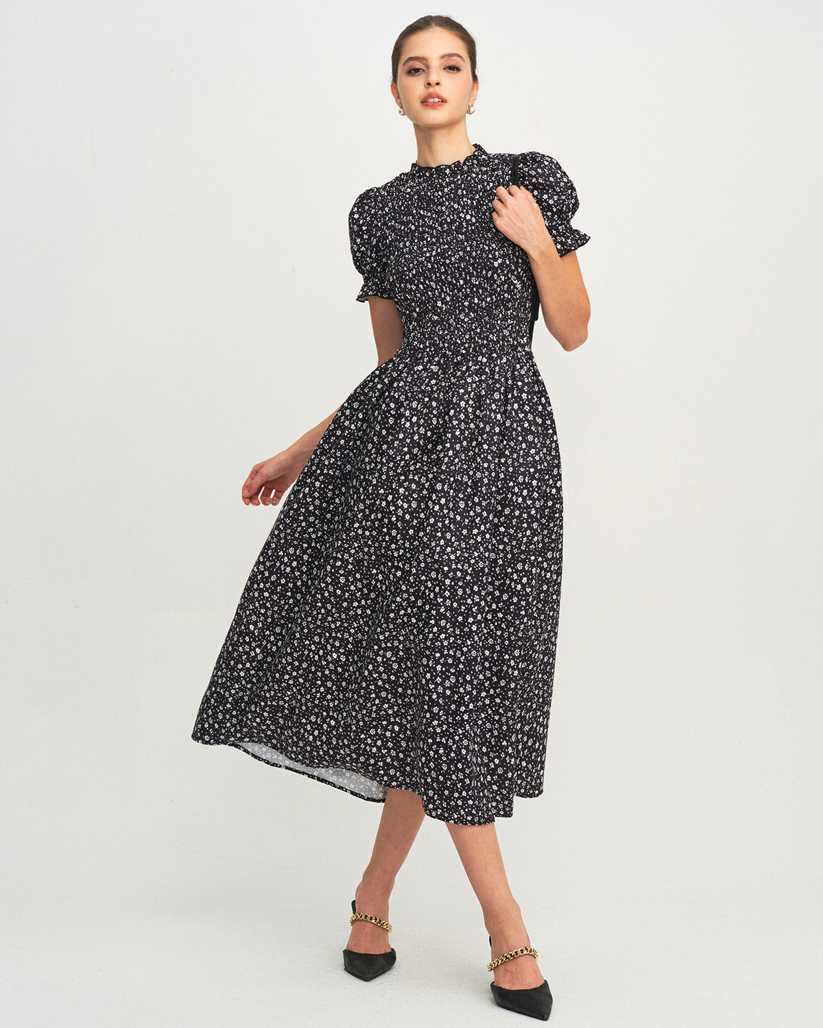 Amelie - Black Floral Shirred A-Line Midi Dress