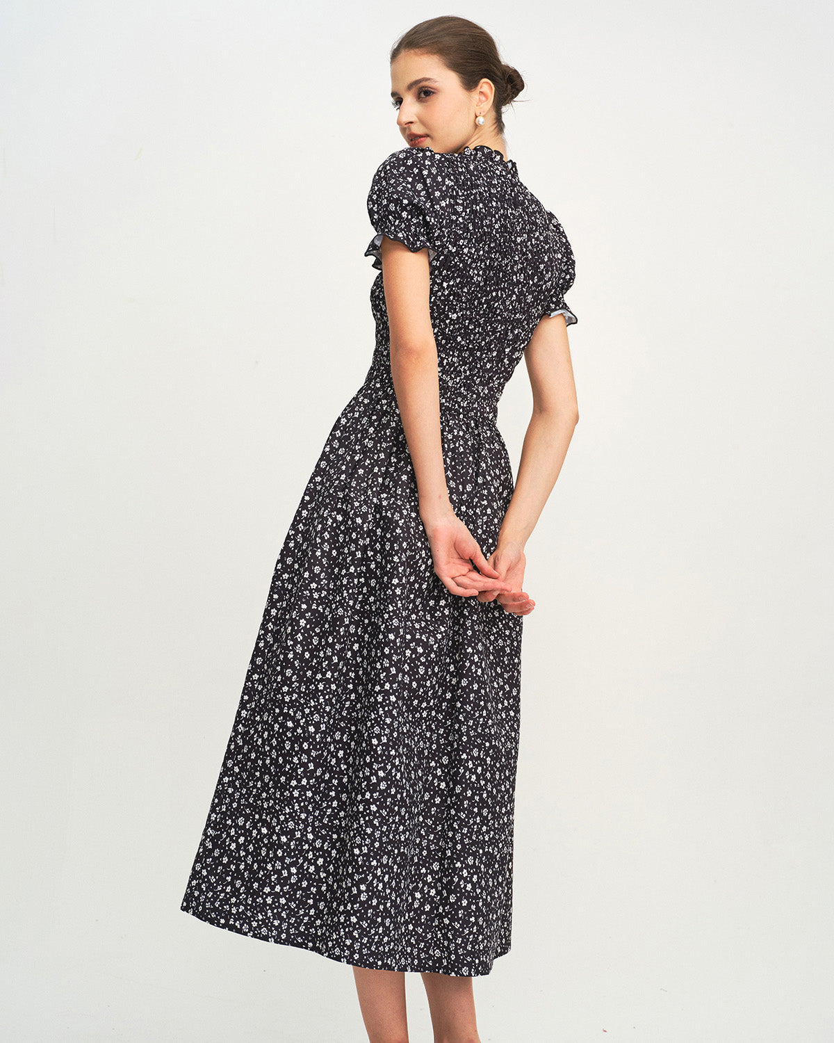 Amelie - Black Floral Shirred A-Line Midi Dress